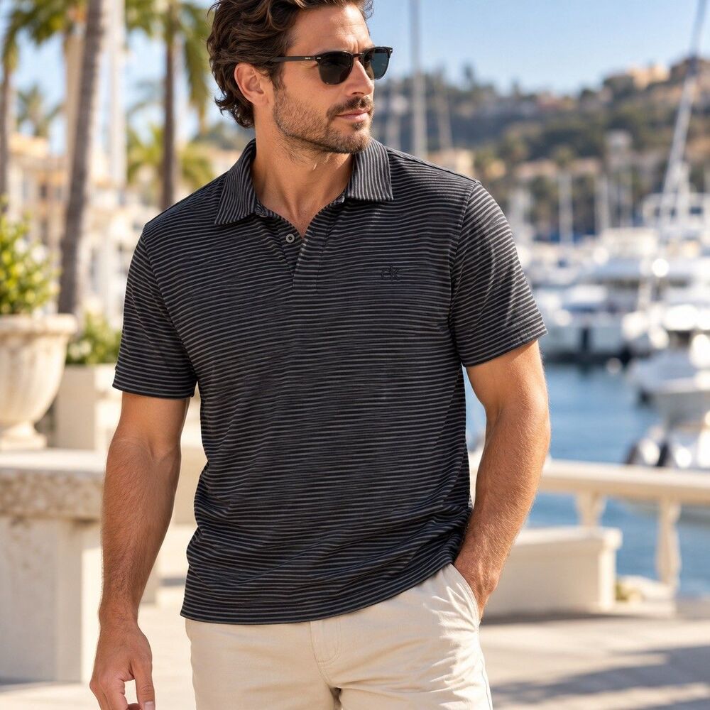 Calvin Klein Smooth Cotton Men's L Short Sleeve Striped Cotton Knit Polo Logo